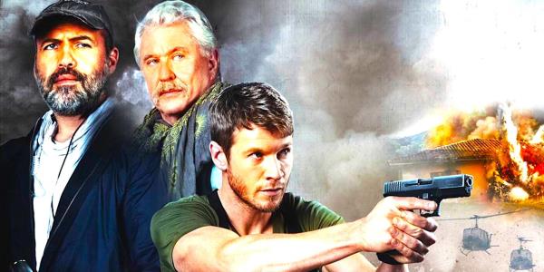 Billy Zane, Tom Berenger and Chad Michael Collins strike action poses while a building explodes and helicopters flyin Sniper Ultimate Kill